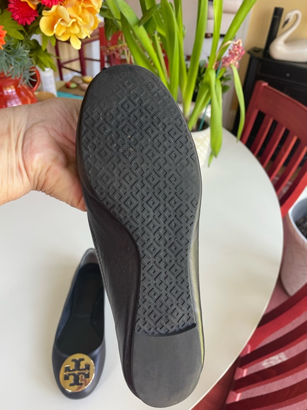 Tory Burch Black Leather Ballet Flats with Gold Logo Medallion - Picture 7 of 13